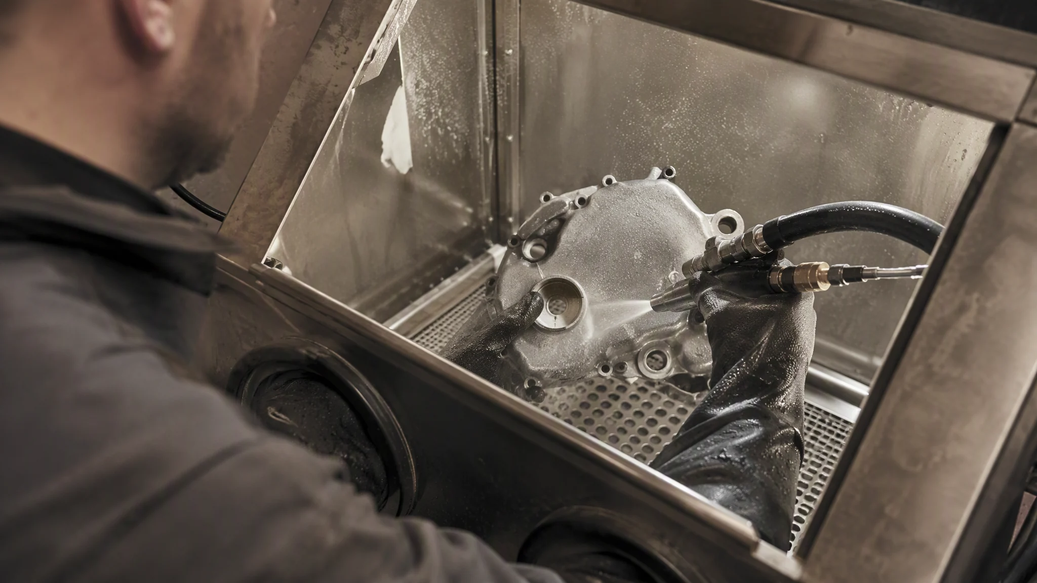 Een aluminium motordeksel wordt met water en glasparels nagestraald